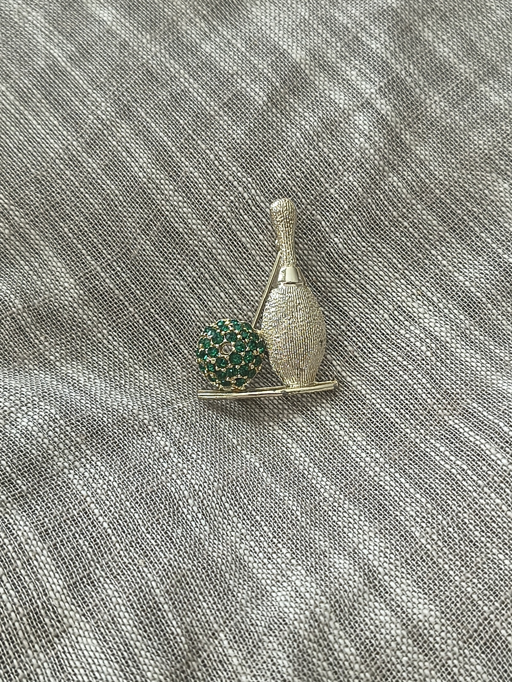 Vintage Bowling Pin and Emerald Crystal Ball Brooch
